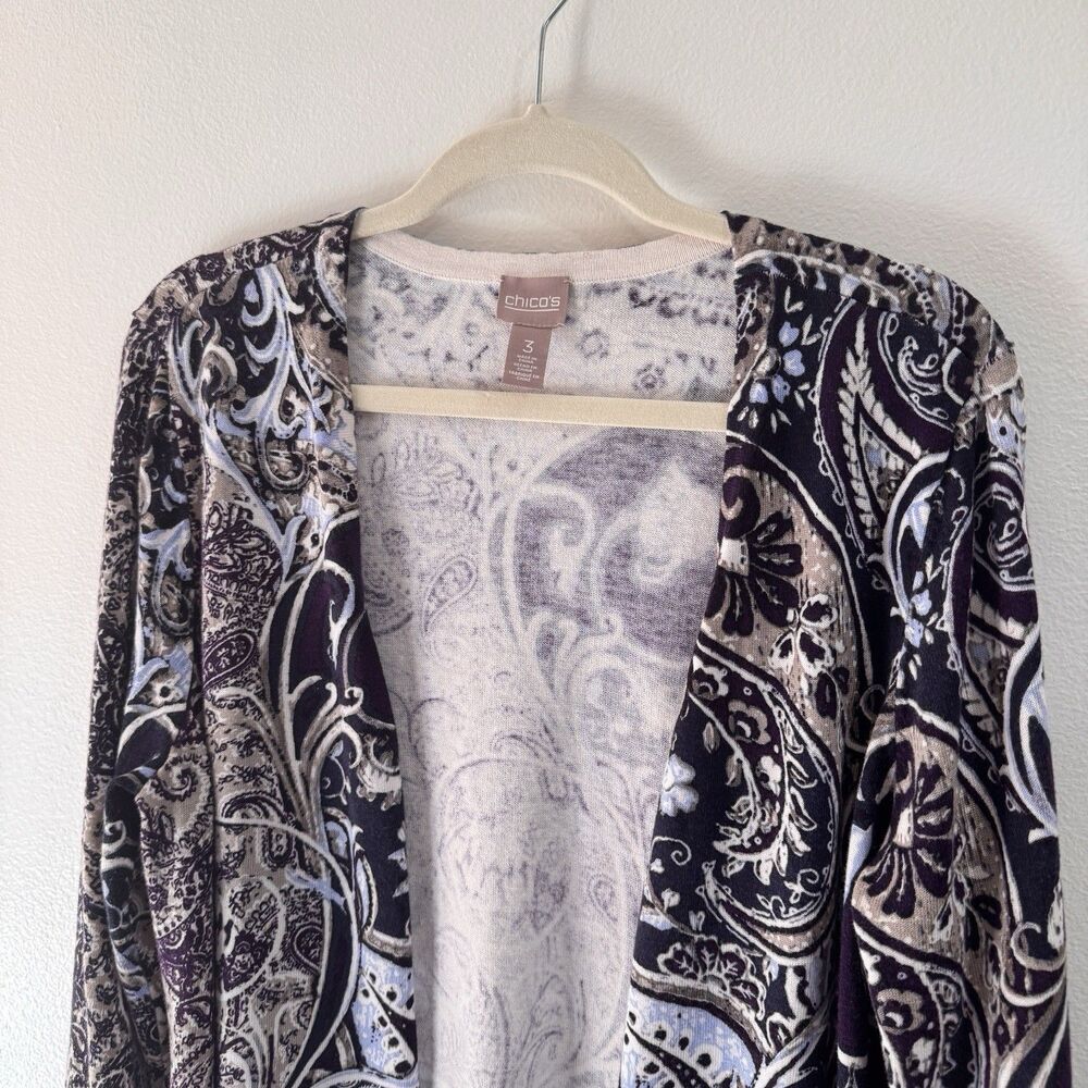 Chico's Cardigan Sweater 3 / XL Paisley Long Sleeve Purple Blue Cotton Knit - Picture 2 of 10